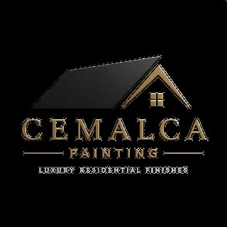 Cemalca Painting logo featuring a dark roof with gold trim, text reading Cemalca Painting and Luxury Residential Finishes on black background